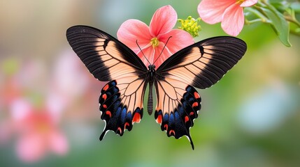 Fototapeta premium Serene Butterfly Perched on Colorful Blossom in Nature's Embrace