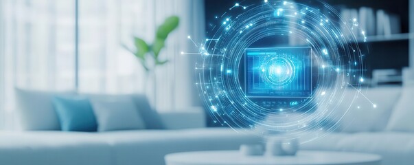 Obraz premium Hightech smart home interior with integrated digital screens, showcasing the future of residential real estate
