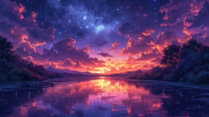 Naklejka premium A serene sunset over a calm lake, reflecting vibrant colors and a starry sky, creating a peaceful and dreamy atmosphere.