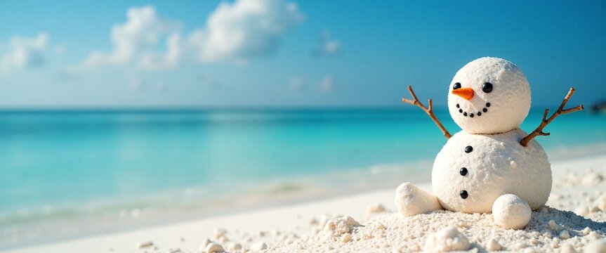 Cheerful Snowman Enjoying Tropical Paradise on Turquoise Beach with Copy Space