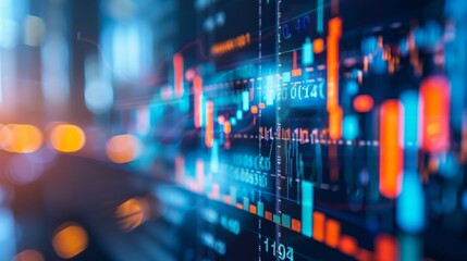 Fototapeta premium Close-up of digital stock market data and financial charts in a colorful, dynamic display, representing trading and investment activity..