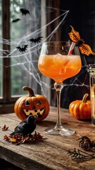 A festive Halloween setup featuring an orange drink with striped straws, surrounded by pumpkins black crow and autumn leaves on a wooden table. Halloween background