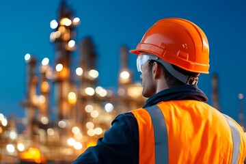 A worker in an orange safety helmet observes an industrial site at night, showcasing a blend of safety and advanced technology.