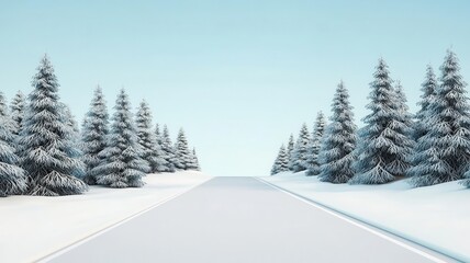Fototapeta premium Winter road, lined with snow-covered trees, 3D illustration, copy space for text,