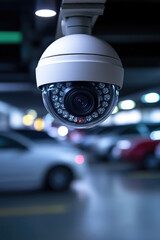 Obraz premium Close-up of high-tech ip security camera on the background of blurred parking garage security and monitoring