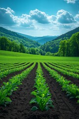 Lush green crop fields under a bright blue sky with mountains in the background.