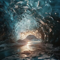 Fototapeta premium A panoramic view of the Crystal Ice Cave interior, with light reflecting off the glistening ice formations