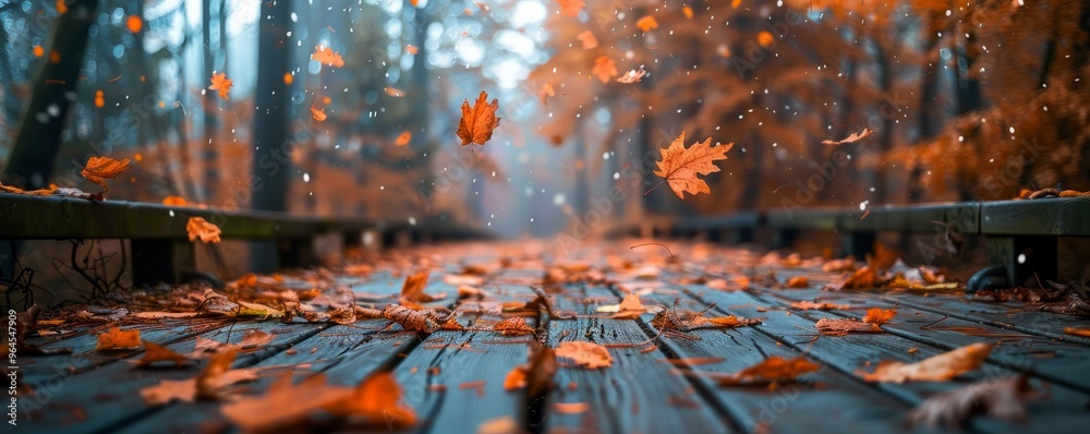 Wall mural Leaves falling onto an autumn wooden path