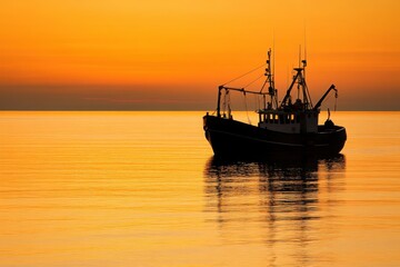 Fototapeta premium A fishing boat on calm waters at sunset, seascape photography, with copy space