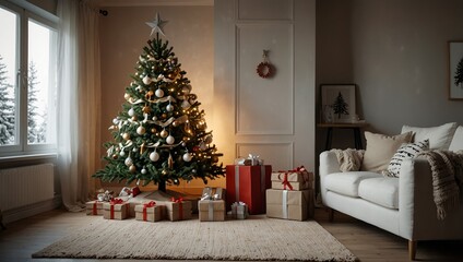 Сhristmas tree with presents interior in Scandinavian style
