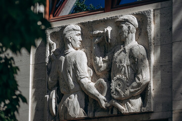 Bratislava, Slovakia - August 7, 2024: The facade of a Soviet building in the center of Bratislava