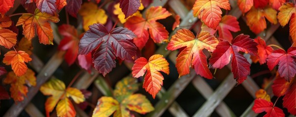 Fototapeta premium Autumn leaves on a garden trellis