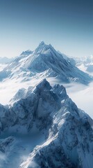 Obraz premium An aerial view captures snow-covered mountain peaks at sunrise.