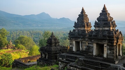 A panoramic view of the Hemakuta Hill temples, with their unique architecture and surrounding landscape.