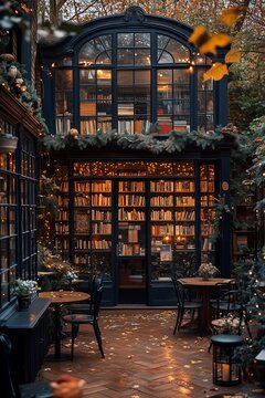 Cozy evening at a beautifully lit bookstore cafe with autumn decor.