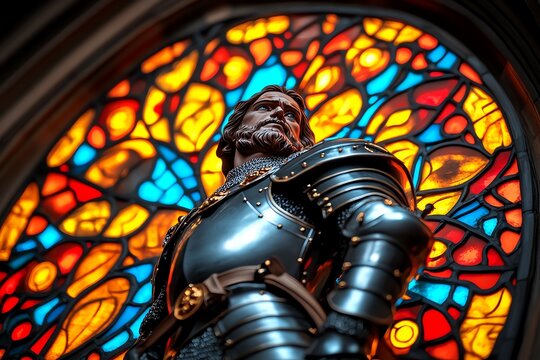 Stained glass window, depicting a knight in armor, medieval majesty honors the valor and chivalry of ancient warriors, captured forever in glass