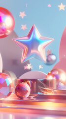 Premium 3D of a virtual reality scene showcasing a holographic star being awarded to a product, set against a clean background