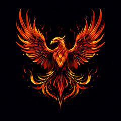 Burning bird phoenix rising form flames and fire, logo