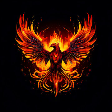 Burning bird phoenix rising form flames and fire, logo