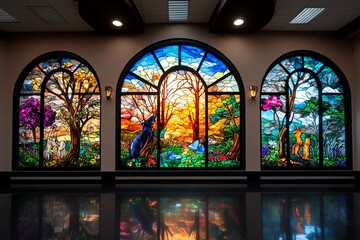 Stained glass window, featuring animals of the forest, natureâ€™s sanctuary brings the wild beauty of nature into a place of worship