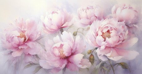 A serene watercolor painting of soft pink peonies, conveying beauty and tranquility.