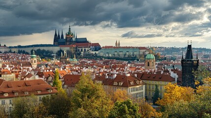 Fototapeta premium A panoramic view of the Prague Castle complex, with its various historic buildings and St. Vitus Cathedral.