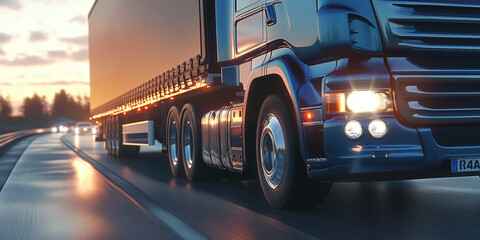 Blue modern truck with trailer driving on the highway at sunset. Close-up view of the wheels and headlights