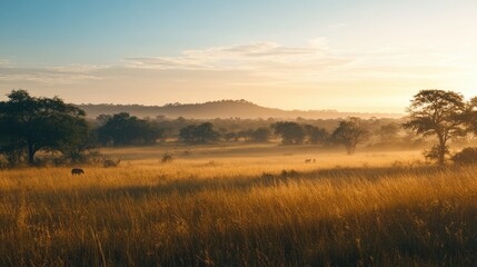 Fototapeta premium A panoramic view of the savanna in Kruger National Park at dawn, with the landscape bathed in soft golden light.