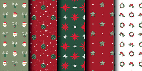 Set of Christmas vector seamless pattern. Merry Christmas and Happy New Year. Christmas symbols background. Vector red and green seamless illustration