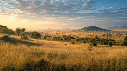 Fototapeta premium A panoramic view of the Serengeti at dawn, with the savanna bathed in soft golden light.