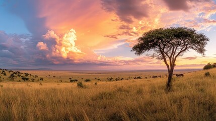 Obraz premium A panoramic view of the Serengeti at sunset, with the sky ablaze with color and the savanna stretching out as far as the eye can see.