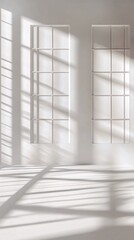 Two windows with gridded glass panes cast shadows on a white wall and floor.