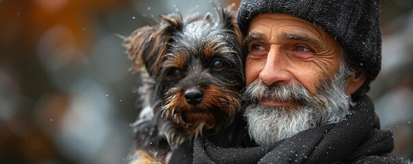 A man reuniting with his long-lost pet, eyes misty with happiness and relief.