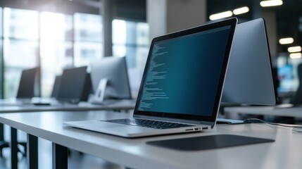 Laptop with Code on Screen in Modern Office
