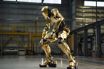 Naklejka premium A golden robotic exoskeleton suit designed to enhance human strength and agility