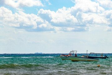Obraz premium Boats yachts ship catamaran jetty beach Playa del Carmen Mexico.