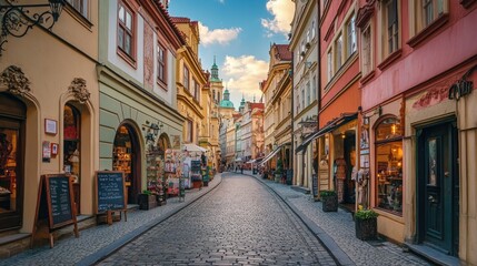 Naklejka premium A picturesque street in Prague's Old Town, lined with pastel-colored historic buildings and shops.