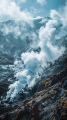 Fototapeta premium The geothermal power plant emits massive steam clouds into the air.