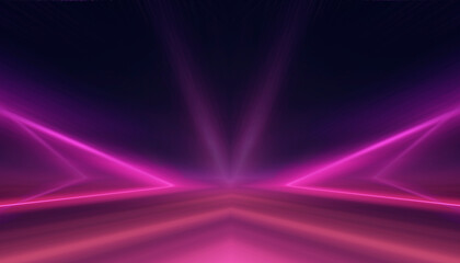 Neon tunnel with geometric lamps, pink and purple light, dark corridor, futuristic dark neon portal.