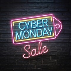 Obraz premium CYBER MONDAY with Pink Price Tag and Red 'Sale' on Dark Brick Wall.