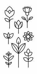  A set of minimalist floral illustrations, featuring various flower and leaf designs, perfect for adding a touch of nature to your projects. These line drawings are ideal for creating patterns.