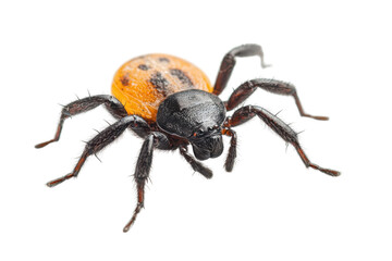 Obraz premium Close-up image of a colorful spider with an orange and black body, isolated on a transparent background. Ideal for educational and biological purposes.