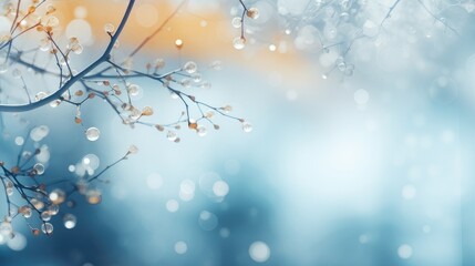 A serene winter scene featuring delicate branches adorned with droplets, creating a tranquil atmosphere.
