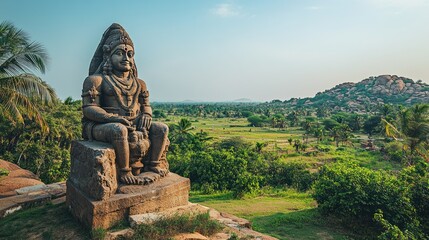 Obraz premium A quiet moment at the monolithic statue of Lakshmi Narasimha in Hampi, surrounded by greenery.