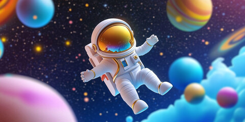 Naklejka premium Astronaut flying in space among colorful planets and stars, cartoon illustration