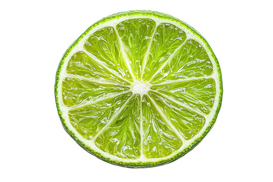 Close-up of a fresh green lime slice with visible juicy segments, isolated on a transparent background. Perfect for culinary and beverage presentations.