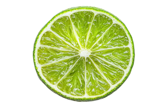 Close-up of a fresh green lime slice with visible juicy segments, isolated on a transparent background. Perfect for culinary and beverage presentations.