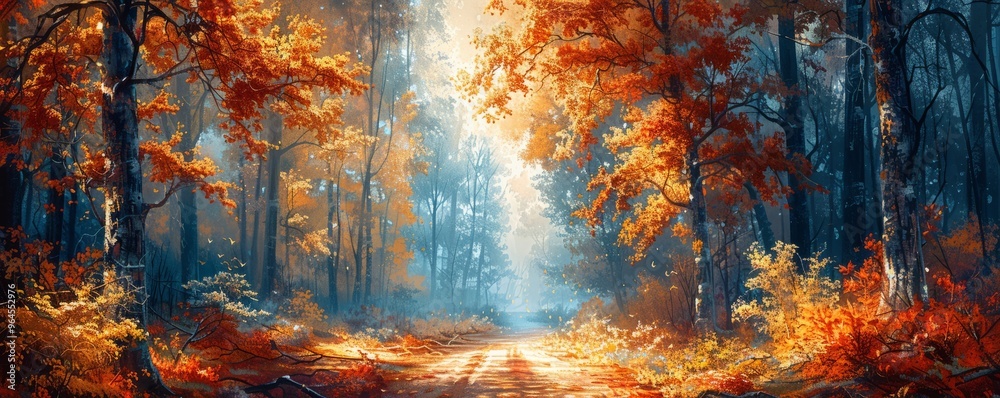 Wall mural Pathway through a tranquil autumn forest