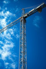 Steel construction crane against a vibrant blue sky with scattered clouds.