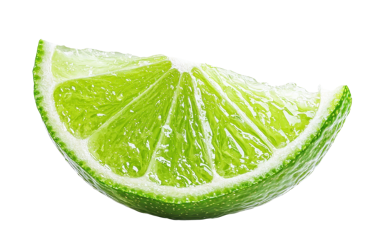 Close-up of a vibrant green lime wedge, isolated on a transparent background. Perfect for culinary, cocktail, and freshness-themed images.